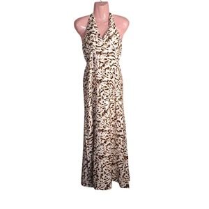 Monteau Maxi‎ Dress M Summer Abstract Animal Print Olive Green/Brown Beige Boho